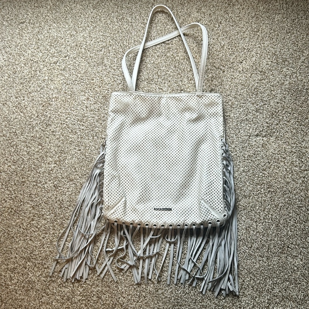 Authentic new Off White BCBG soft supple all leather long fringe lattice leather